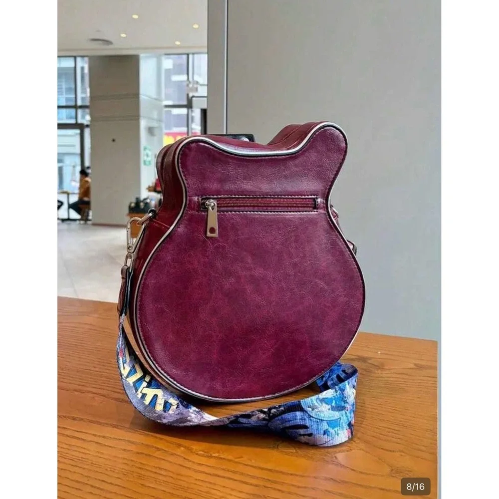 Novelty Guitar Shaped Crossbody Bag Burgundy Black Rocker Music‎ Festival Purse